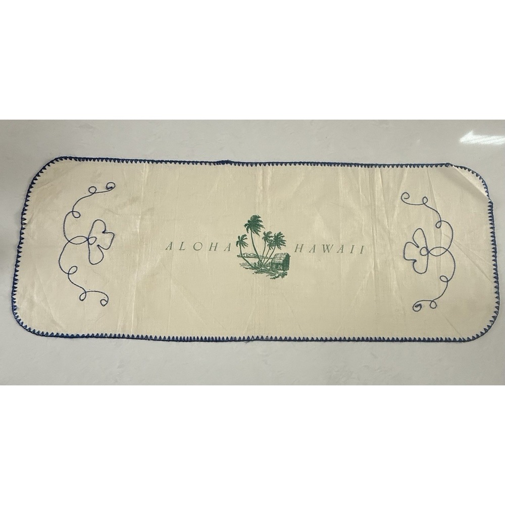 Vintage Aloha Hawaii Table Runner Blue Embroidered‎ Trim Island MCM Hawaiian